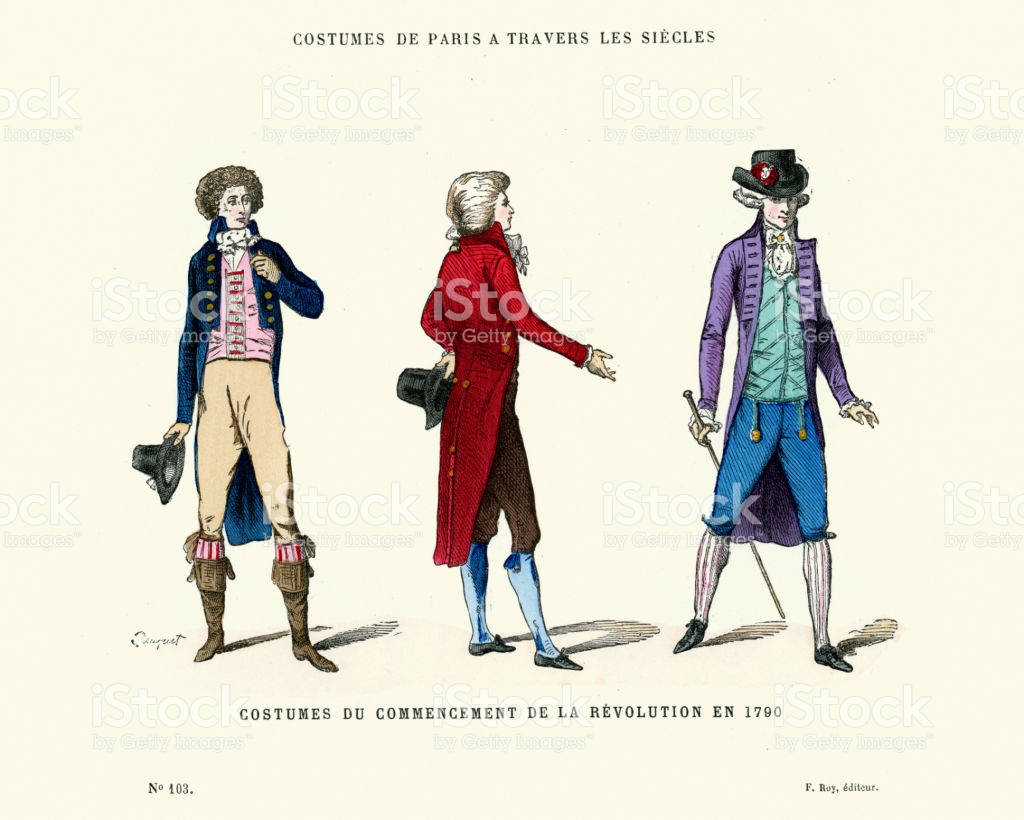 Vintage engraving of History of Fashion Mens Costumes during the French Revolution